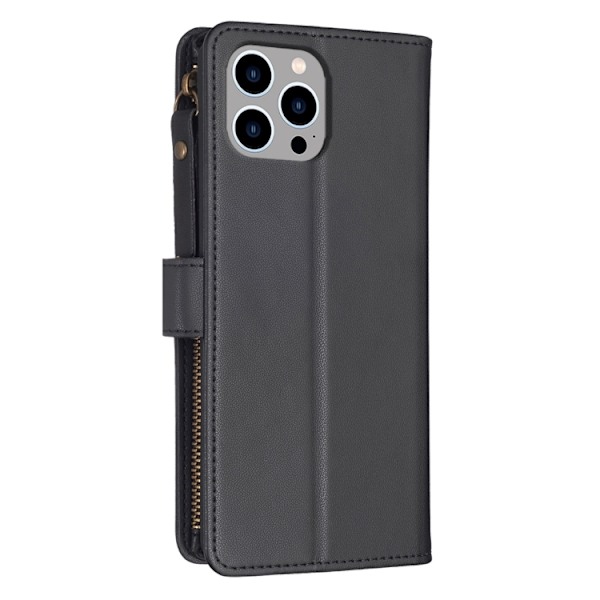 iPhone 15 Pro Max 9-Kort Multifunktionellt Läder Fodral Svart