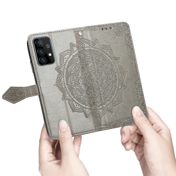 Samsung Galaxy A52 / A52s - Mandala Läder Fodral - Grå Grey Grå