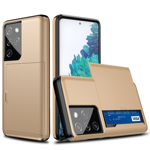 Samsung Galaxy S21 Ultra - Hybrid Skal Med Kortfack - Guld Gold Guld