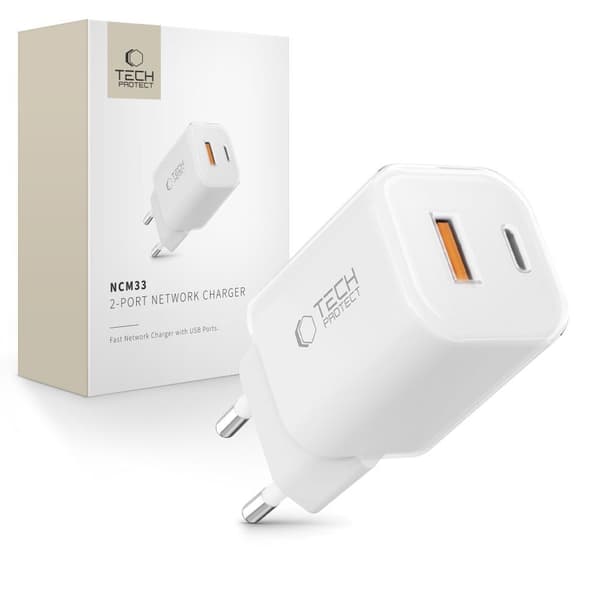 Tech-Protect 33W Väggladdare PD QC USB-C / USB-A Vit