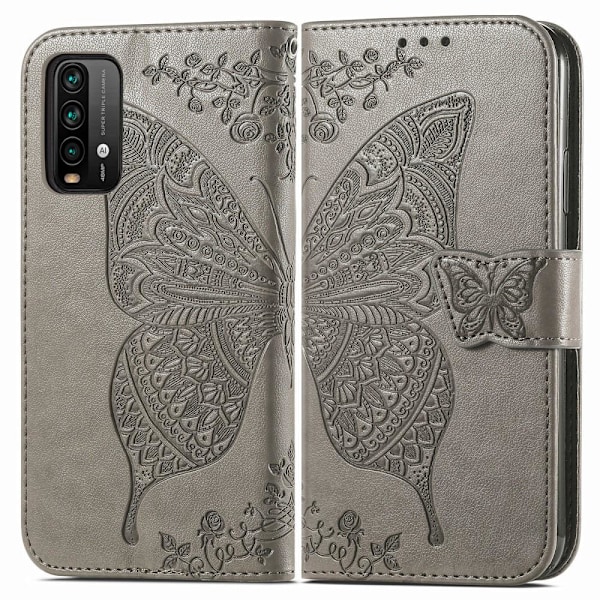 Xiaomi Redmi 9T - Butterfly Läder Fodral - Grå Grey Grå