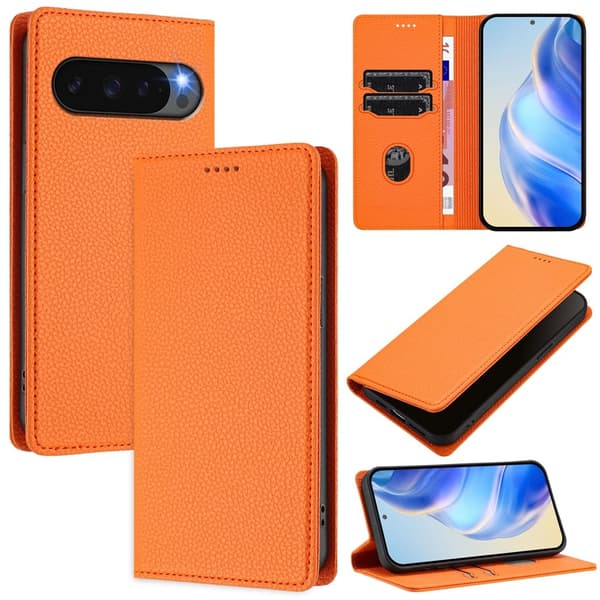 Google Pixel 10/10 Pro / 9/9 Pro Fodral RFID Litchi Läder Orange