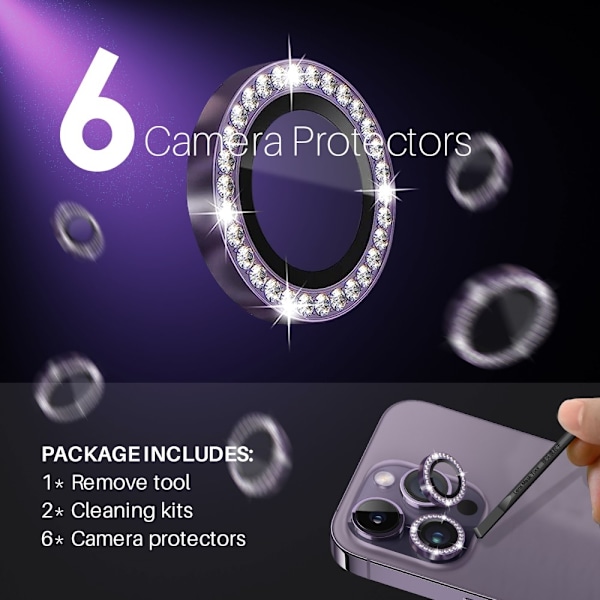 NORTHJO iPhone 15 Pro/Pro Max/14 Pro/Pro Max Linsskydd Strass 2-PACK Lila