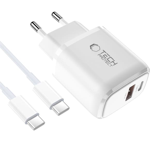 Tech-Protect 45W Väggladdare PD QC3.0 Inkl USB-C Kabel Vit