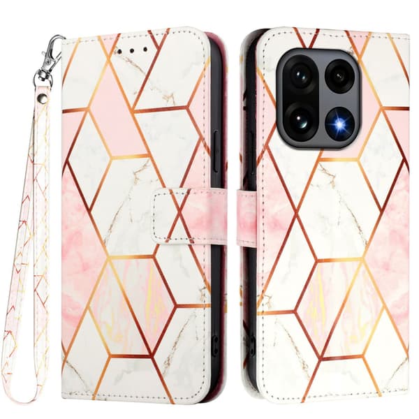 OnePlus 15 Fodral Läder Marmor Rosa / Vit