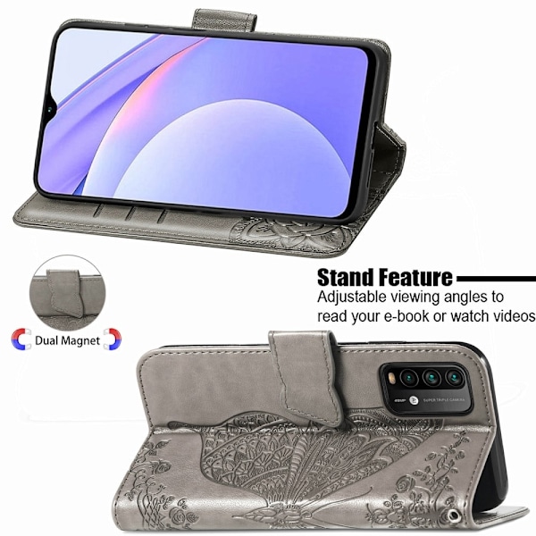 Xiaomi Redmi 9T - Butterfly Läder Fodral - Grå Grey Grå