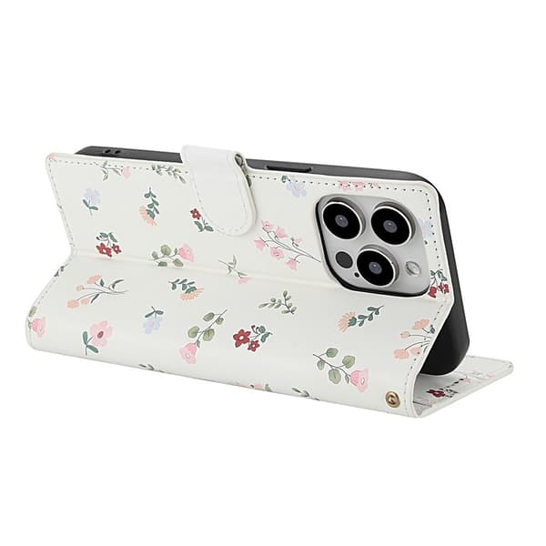 iPhone 16 Pro Fodral Rhombus Läder Blommor Vit
