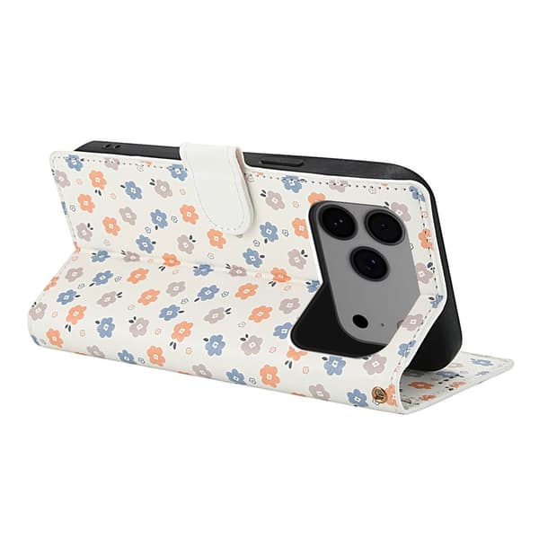 iPhone 17 Pro Fodral Rhombus Läder Blommor Vit