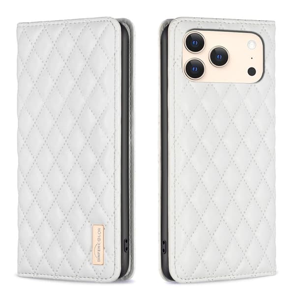 BINFEN iPhone 17 Pro Fodral Flip Diamond Läder Vit