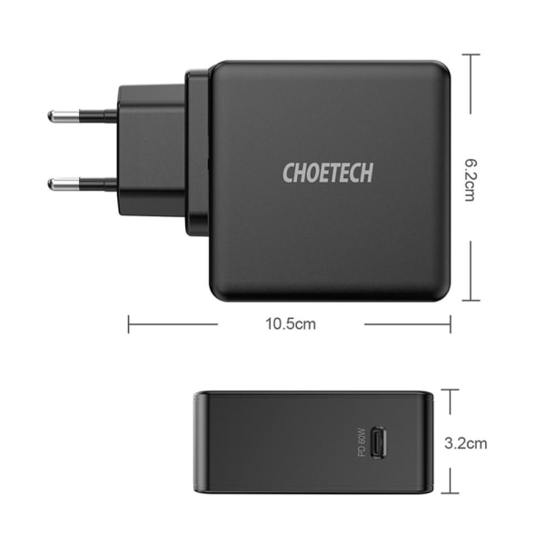 Choetech 60W USB-C PD Väggladdare Snabbladdning Svart