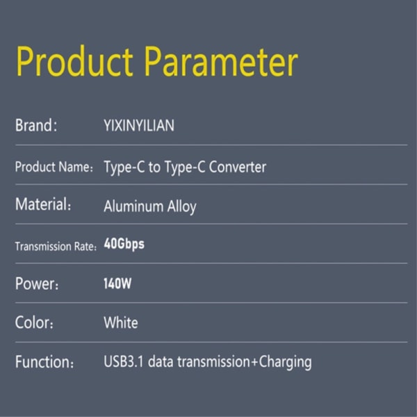 140W USB 3.1 USB-C Hane till USB-C Hane Adapter 8K 40Gbps Vit