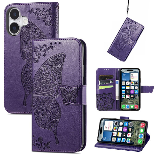 iPhone 16 Fodral Fjäril Tryck Mörk Lila