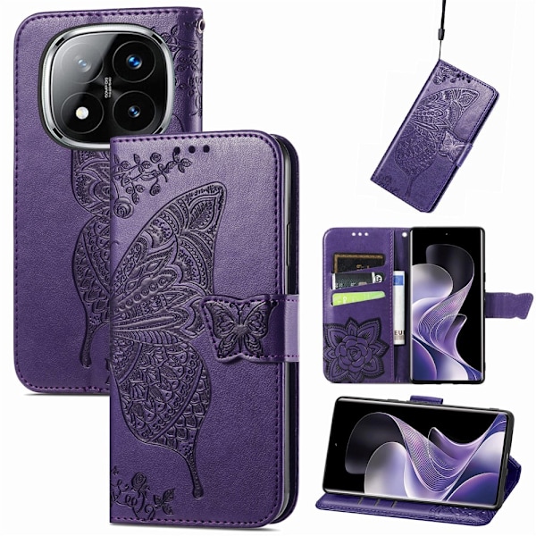 Xiaomi Redmi Note 14 Pro 5G Fodral Läder Fjäril Tryck Mörk Lila
