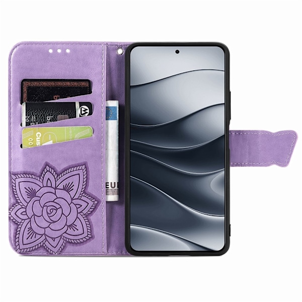 Xiaomi Redmi Note 14 5G Fodral Läder Fjäril Tryck Lila