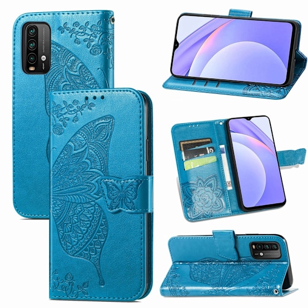 Xiaomi Redmi 9T - Butterfly Läder Fodral - Blå Blue Blå