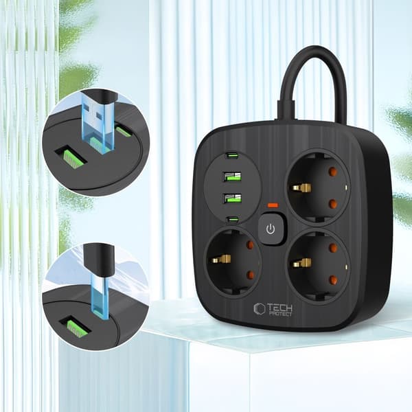 Tech-Protect 2m Förgreningsdosa Med USB-C/USB-A Svart