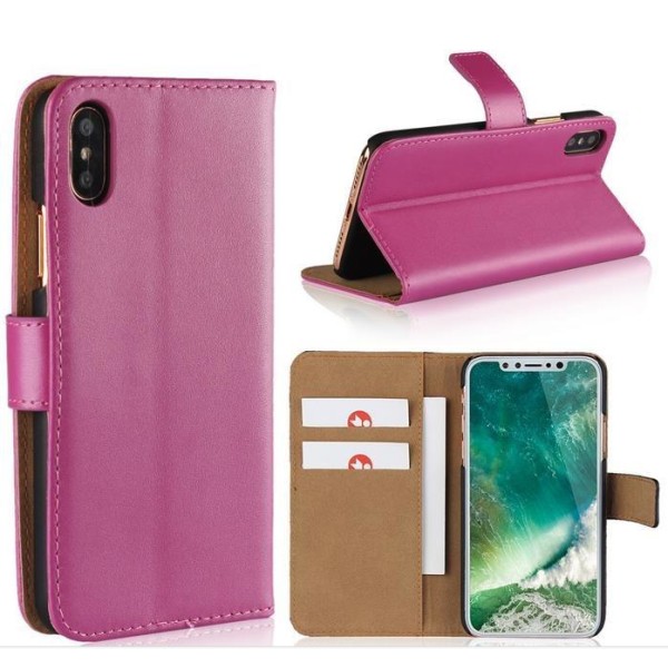 iPhone Xs Max - Plånboksfodral I Äkta Läder - Rosa Pink Rosa