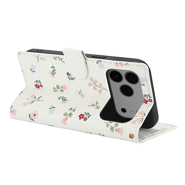 iPhone 17 Pro Fodral Rhombus Läder Blommor Vit