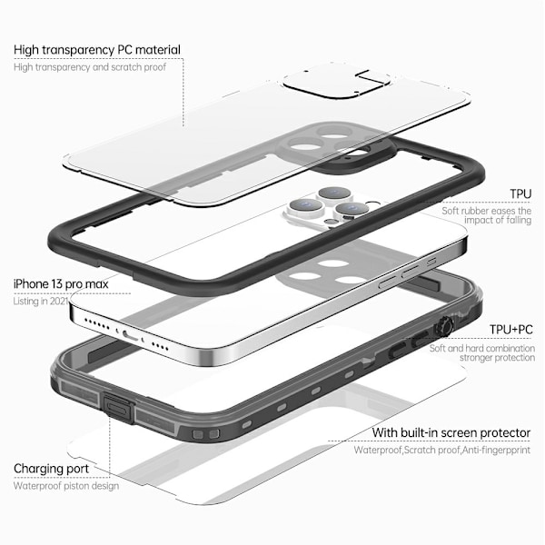 REDPEPPER iPhone 13 Pro Max Skal 360 Vattentätt IP68 Mörk Grå