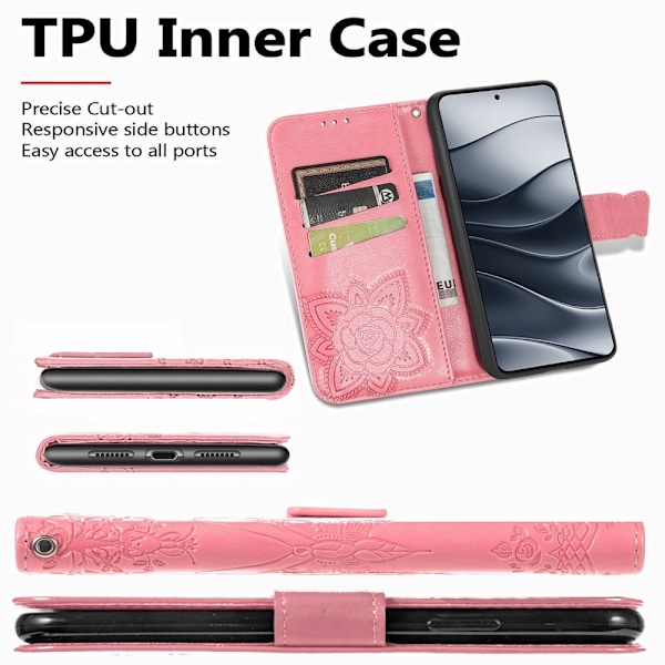 Xiaomi Redmi Note 14 5G Fodral Läder Fjäril Tryck Rosa