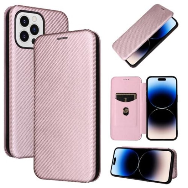 iPhone 14 Pro Max Fodral Flip Kolfiber Textur Roséguld