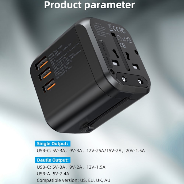 Choetech 35W PD Reseadapter 3x USB-A 1x USB-C Svart