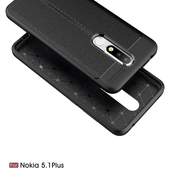 Nokia 5.1 Plus - Litchi läderskal - Svart Black Svart