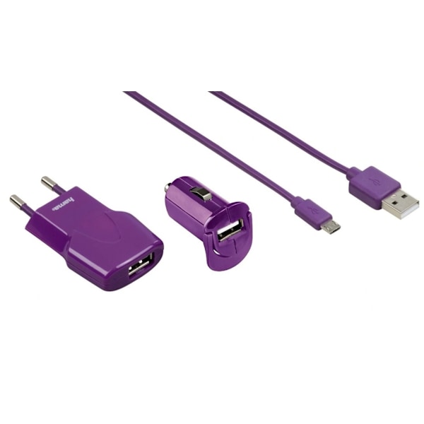HAMA laddningsset Billaddare + Strömadapter Micro-Usb 140cm - Lila Lila