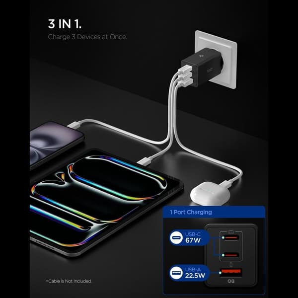 Spigen 67W Väggladdare 2x USB-C / USB-A Essential Svart