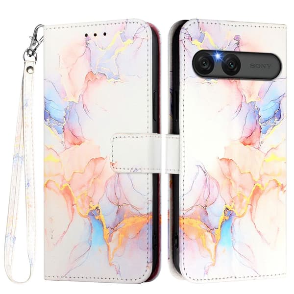 Sony Xperia 10 VII Fodral Läder Marmor Vit