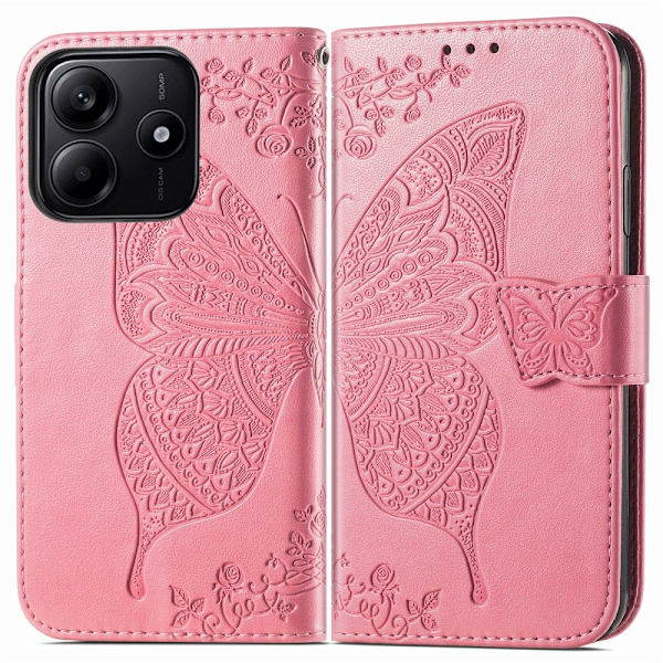 Xiaomi Redmi Note 14 5G Fodral Läder Fjäril Tryck Rosa