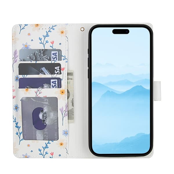 iPhone 16 Pro Fodral Rhombus Läder Blommor Vit