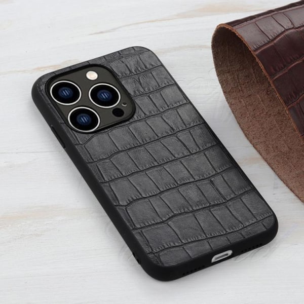 iPhone 14 Pro Skal Äkta Läder Krokodil Textur Svart