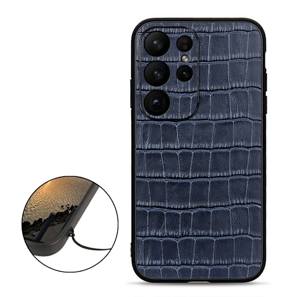 Samsung Galaxy S23 Ultra Skal Äkta Läder Krokodil Textur Blå