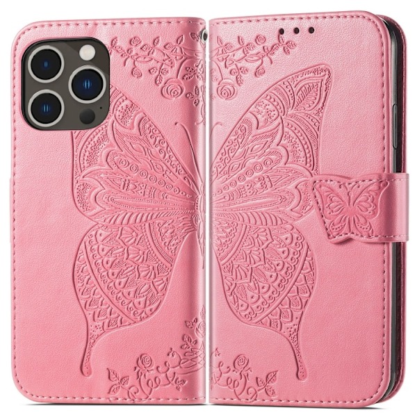 iPhone 15 Pro Fodral Läder Tryckt Fjäril Rosa