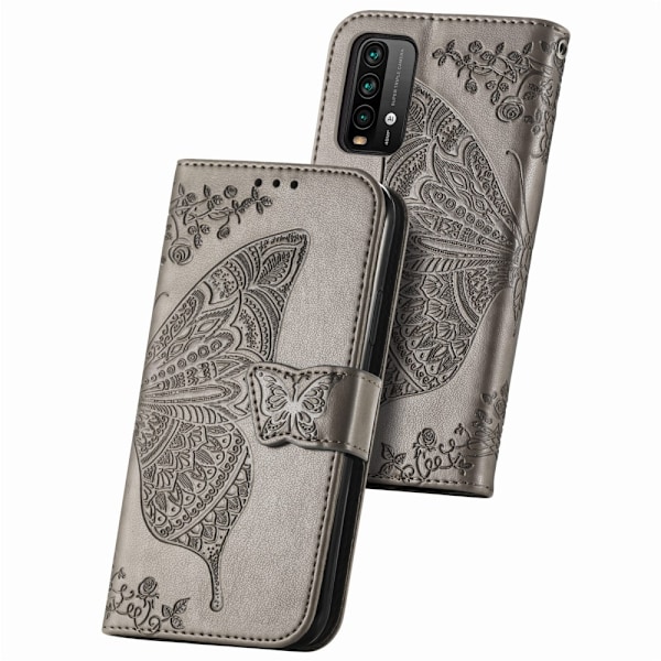 Xiaomi Redmi 9T - Butterfly Läder Fodral - Grå Grey Grå