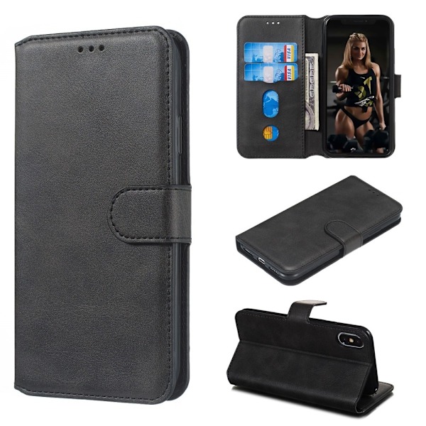 iPhone X/Xs - Solid Läder Fodral - Svart Black Svart