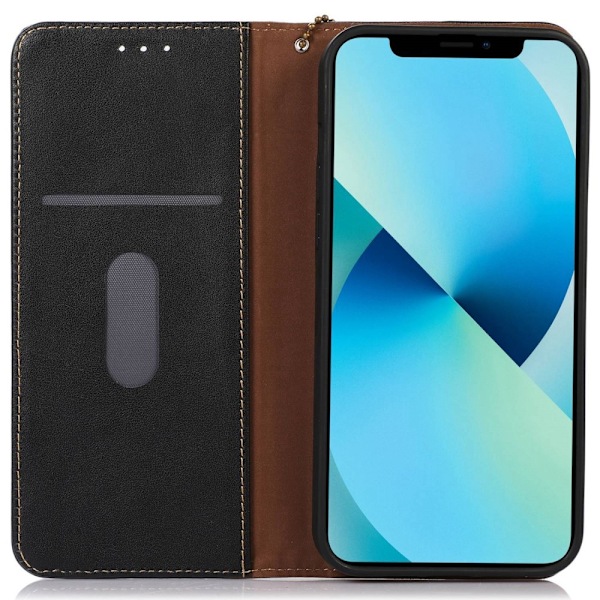 KHAZNEH iPhone 15 Fodral RFID Flip Äkta Läder Svart