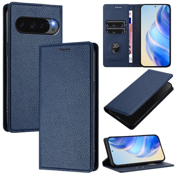 Google Pixel 10/10 Pro / 9/9 Pro Fodral RFID Litchi Läder Blå