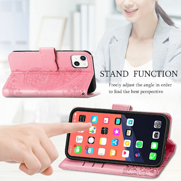 iPhone 13 - Butterfly Print Läder Fodral - Rosa