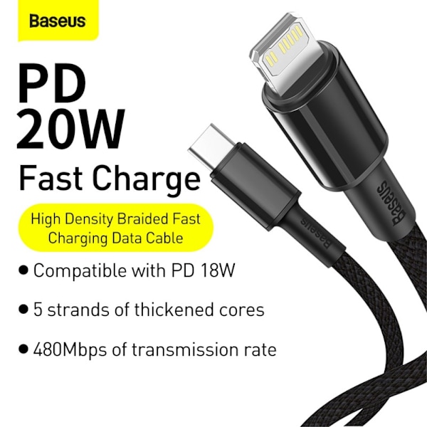 BASEUS 1m 20W PD Type-C - Lightning Flätad Nylon Kabel - Svart Black Svart