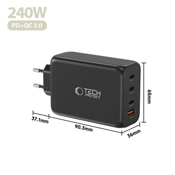 Tech-Protect 240W Väggladdare PD QC3.0 USB-C / USB-A Svart