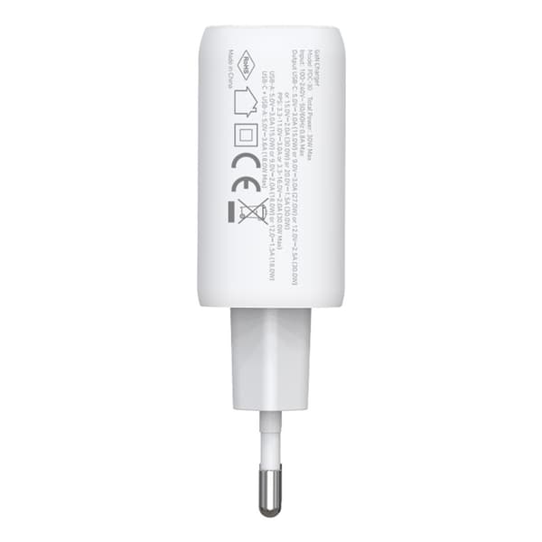 Amorus 30W GaN PD QC USB-C / USB-A Väggladdare Vit