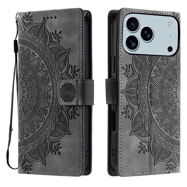 iPhone 17 Pro Max Fodral Mandala Läder Grå