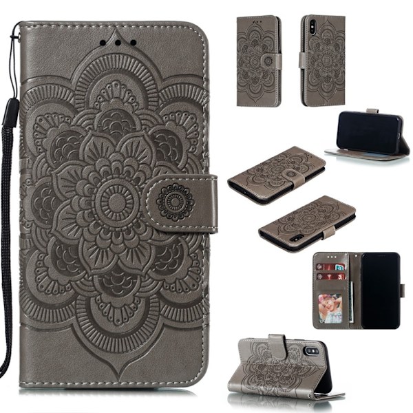 iPhone X/Xs - Mandala Läder Fodral - Grå Grey Grå
