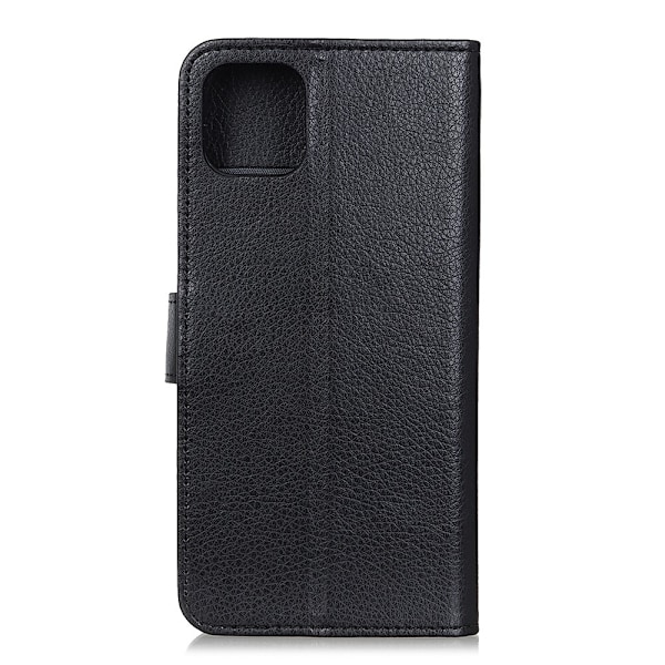 iPhone 12 / 12 Pro - Litchi Läder Fodral - Svart Black Svart