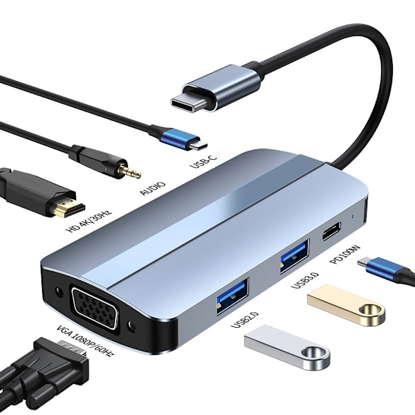 7in1 100W USB-C Dockningsstation VGA/USB-C/USB 3.0 Blå