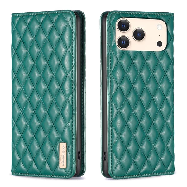 BINFEN iPhone 17 Pro Fodral Flip Diamond Läder Grön