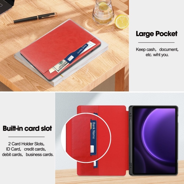Galaxy Tab S9 FE Fodral Business Läder Pennhållare Röd