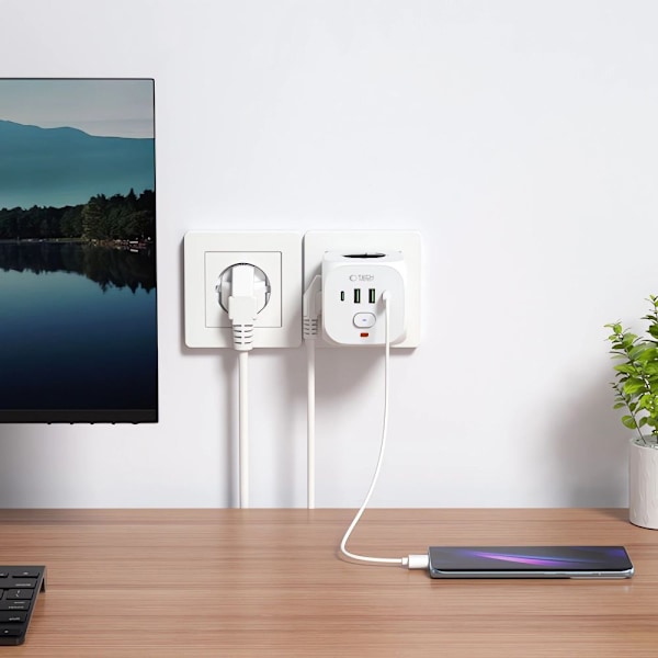 Tech-Protect Grendosa Med 3x Eluttag 2x USB-C + 2x USB-A Vit